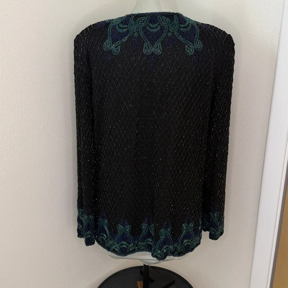 SCALA 100% pure silk beaded top jacket cardigan India medium black blue green